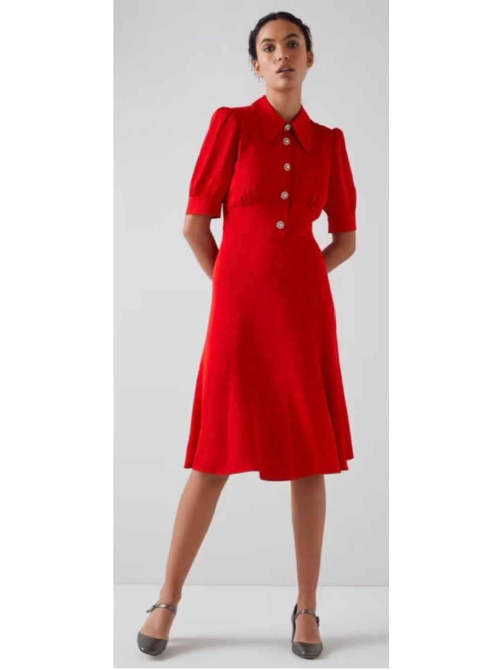 NWT LK Bennett Red Scallop Collar Tea Midi Dress 10 - Picture 2 of 5